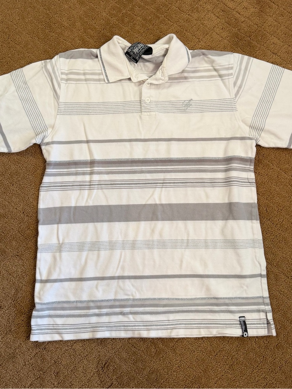 South Pole Striped Collared Polo White Gray Silver Men’s Top Size M